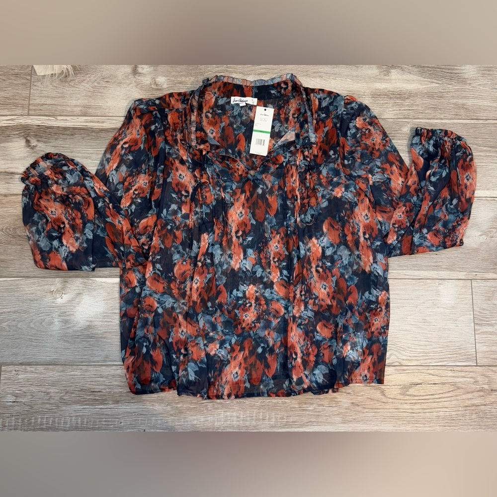 Sam Edelman~ Women’s Sheer Front Tie V-Neck long Sleeve Floral Blouse Size Large - Picture 6 of 11